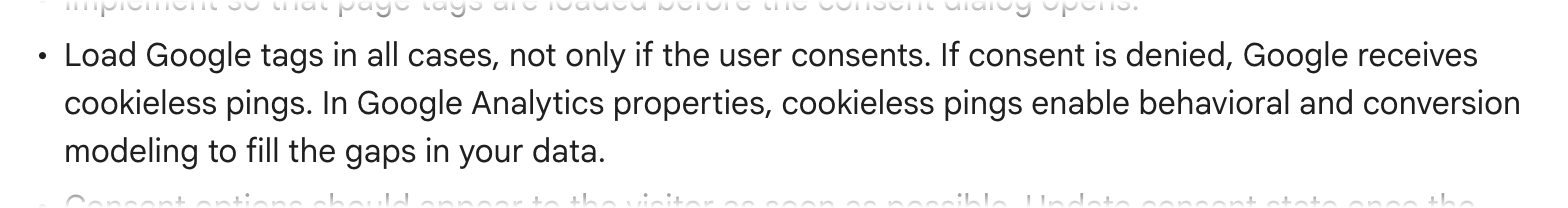 Screenshot of Google's page "Consent mode on websites and mobile apps", showing the passage quoted above