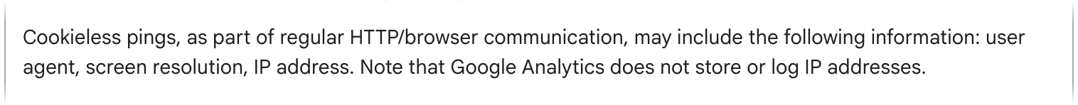 Screenshot of Google's page "Consent mode on websites and mobile apps", showing the passage on what cookieless pings include