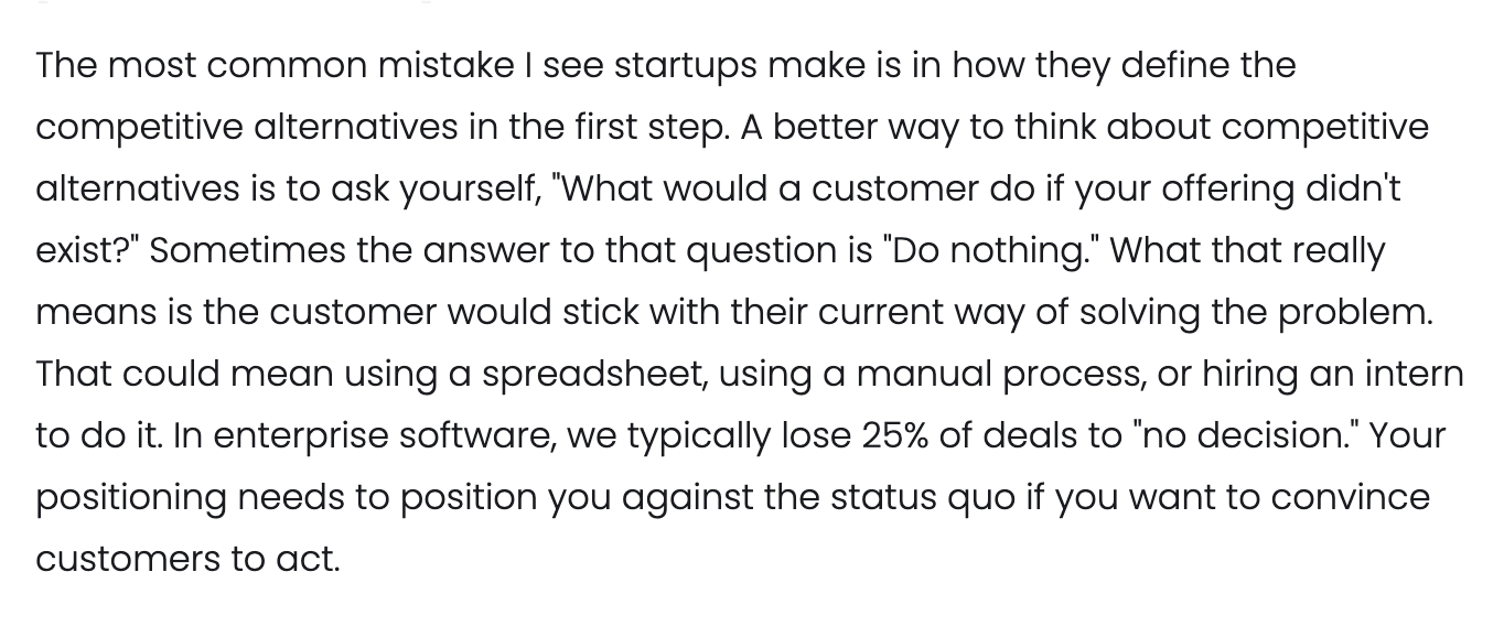 Screenshot of April Dunford's page "A Quickstart Guide to Positioning", showing the passage quoted above