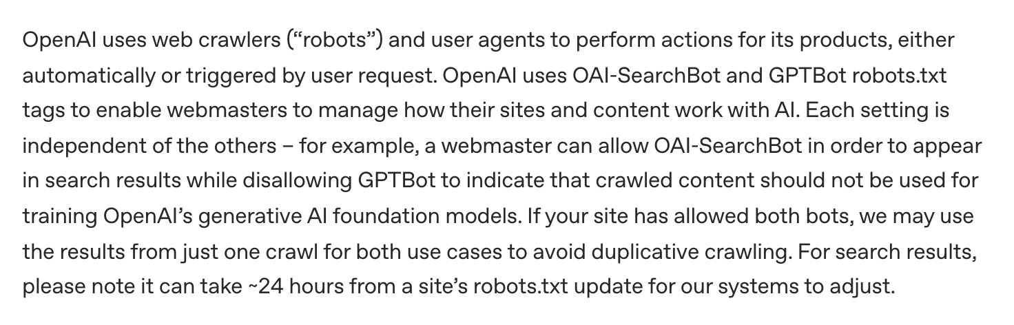 Screenshot of OpenAI's page "Overview of OpenAI Crawlers", showing the passage quoted above