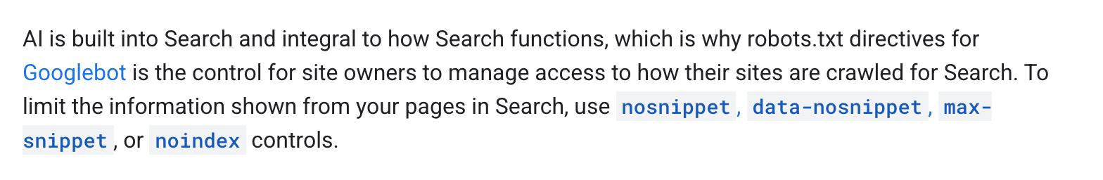 Screenshot of Google's page "AI Features and Your Website", showing the passage quoted above