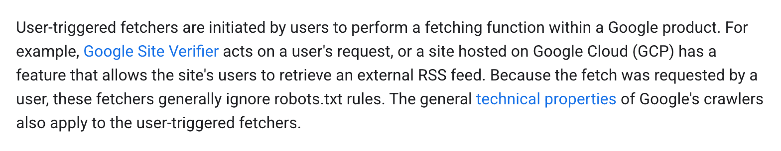 Screenshot of Google's page "Google User-Triggered Fetchers", showing the passage quoted above