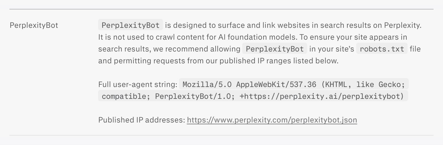 Screenshot of Perplexity's page "Perplexity Crawlers", showing the passage quoted above
