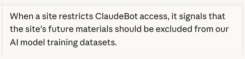 Screenshot of Anthropic's page "Does Anthropic crawl data from the web, and how can site owners block the crawler?", showing the passage quoted above