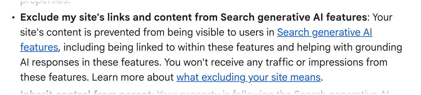 Screenshot of Google's page "Search generative AI control", showing the passage quoted above