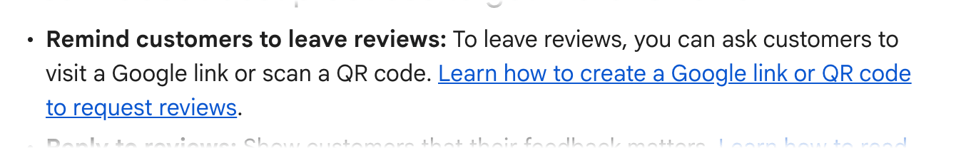Screenshot of Google's page "Tips to get more reviews", showing the passage quoted above